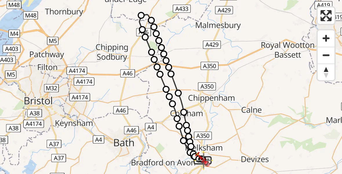 Flight path map showing Air Ambulance Helicopter route from Wiltshire Air Ambulance to Melksham