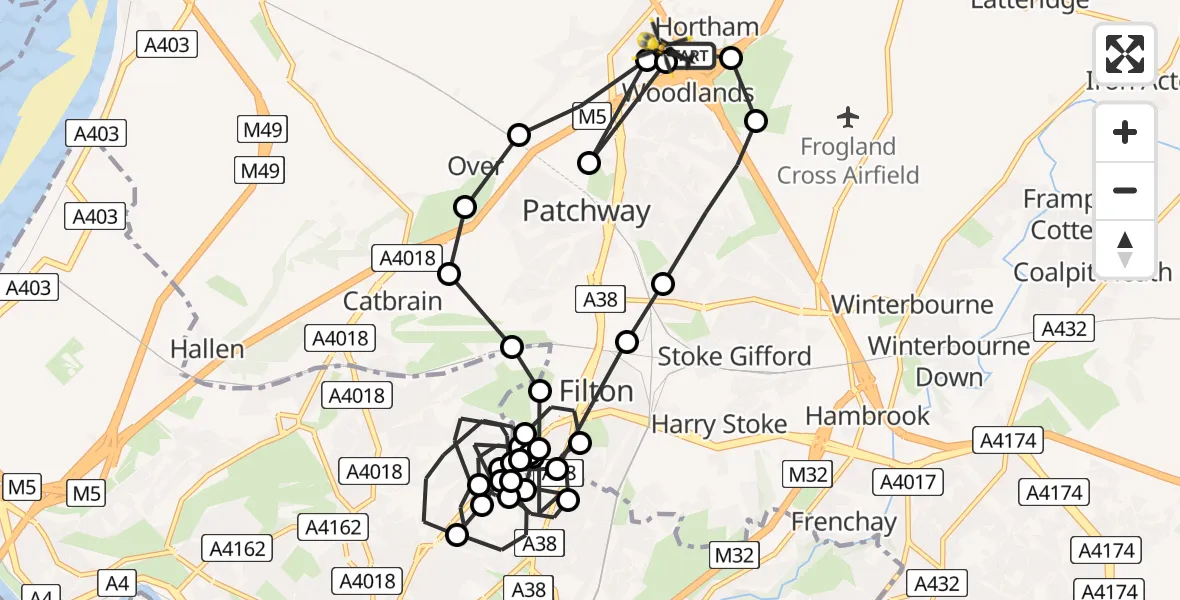 Flight path map showing Police Helicopter route from Almondsbury Helicopter Base to Almondsbury Helicopter Base