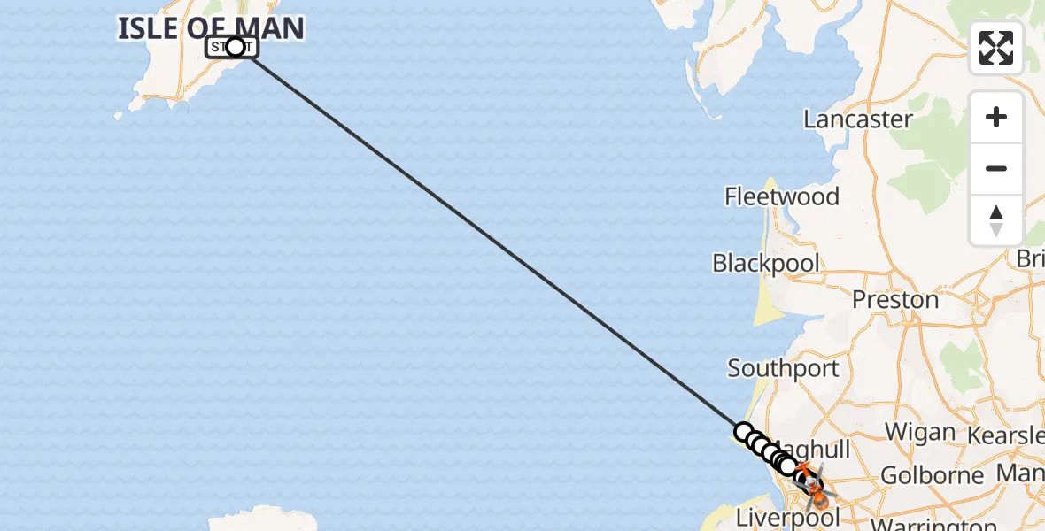 Flight path map showing Coastguard Helicopter route from Noble's Hospital Heliport to Liverpool