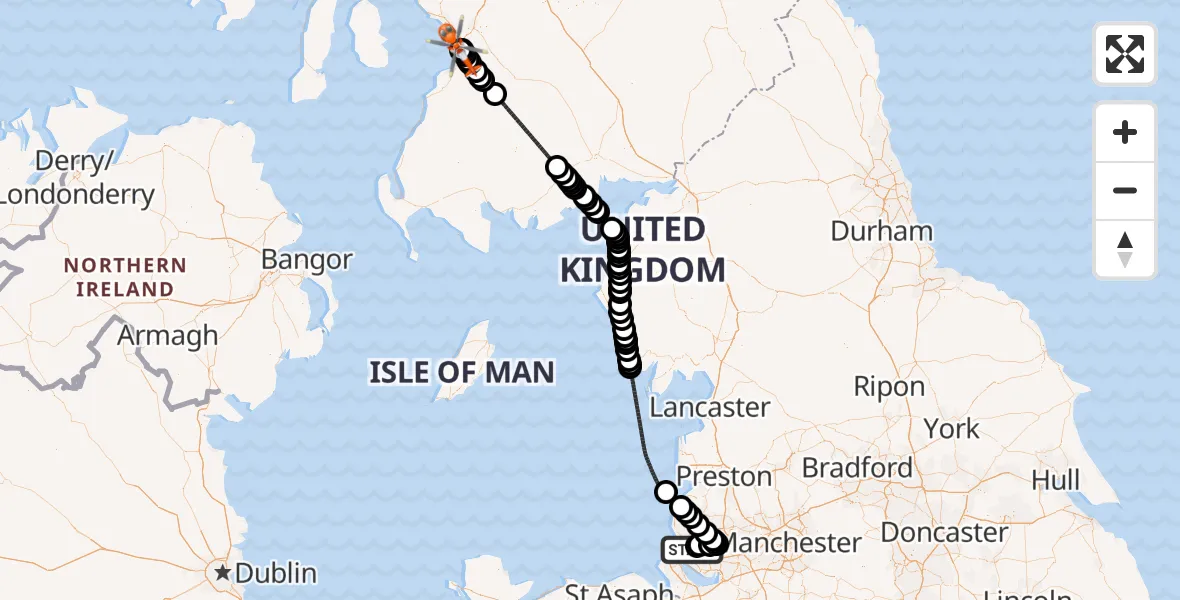 Flight path map showing Coastguard Helicopter route from Liverpool to Glasgow Prestwick Airport