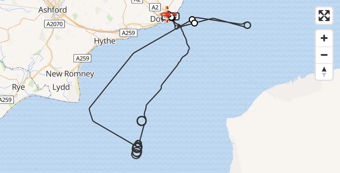 Flight path map showing Coastguard Drone route from St. Margaret's at Cliffe to Swingate Airfield