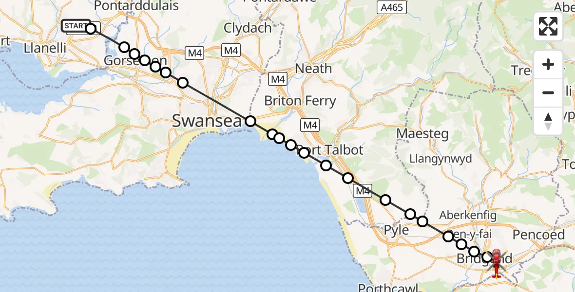 Flight path map showing Air Ambulance Helicopter route from Dafen to Bridgend