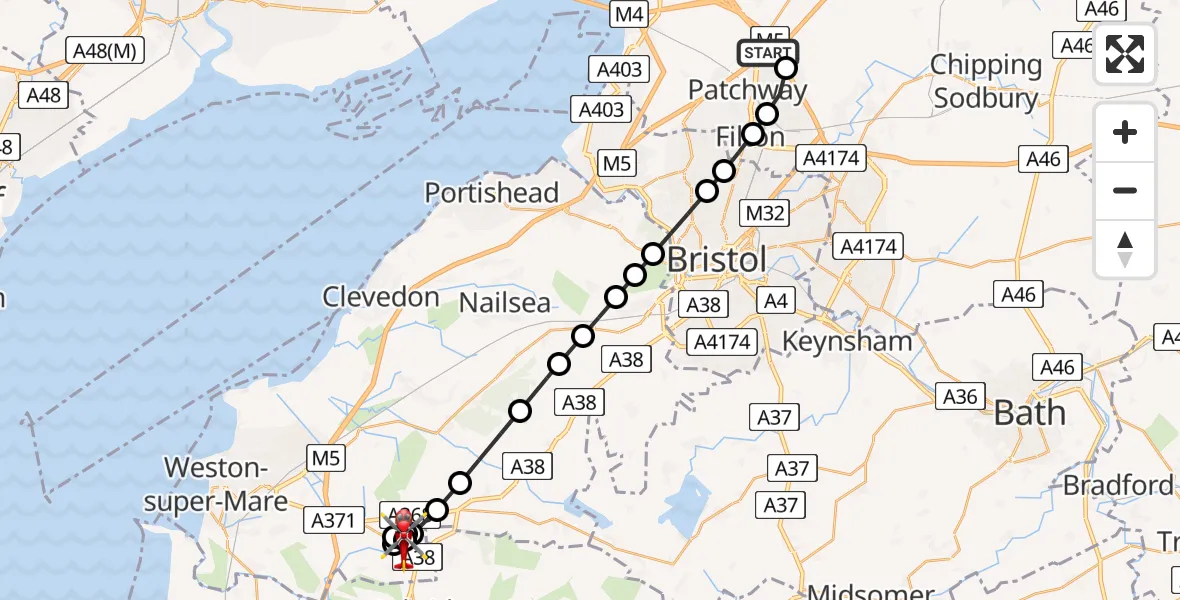 Flight path map showing Air Ambulance Helicopter route from Almondsbury Helicopter Base to Winscombe