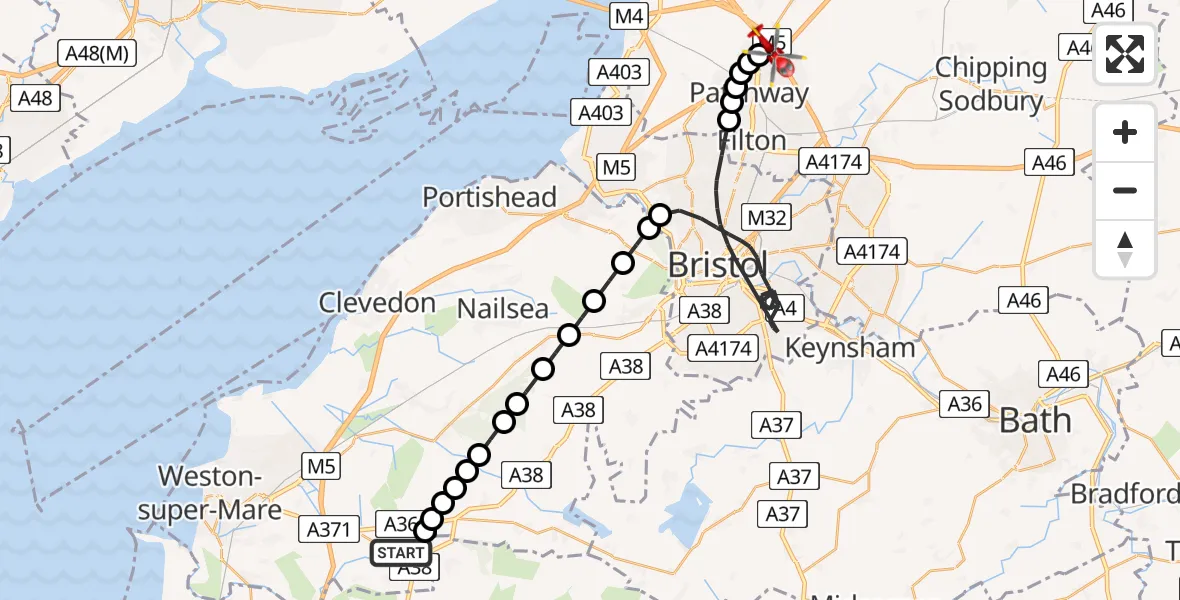 Flight path map showing Air Ambulance Helicopter route from Winscombe to Almondsbury Helicopter Base