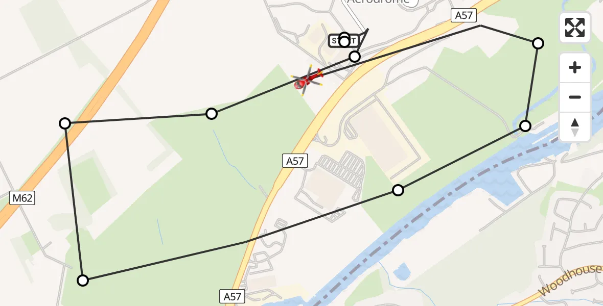 Flight path map showing Air Ambulance Helicopter route from Manchester Barton Aerodrome to Irlam