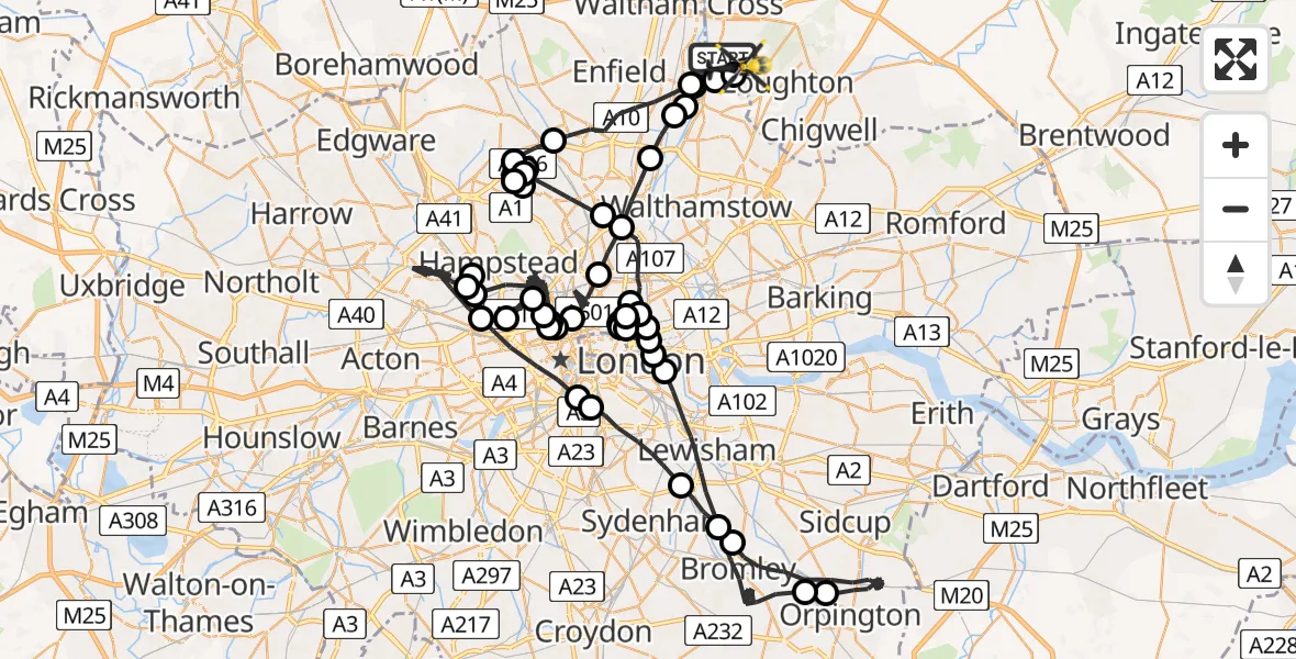 Flight path map showing Police Helicopter route from Sewardstonebury to Sewardstonebury