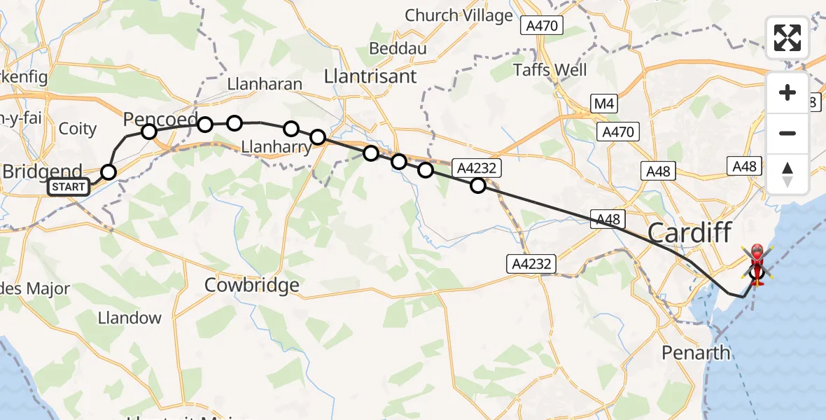 Flight path map showing Air Ambulance Helicopter route from Bridgend to Cardiff Heliport