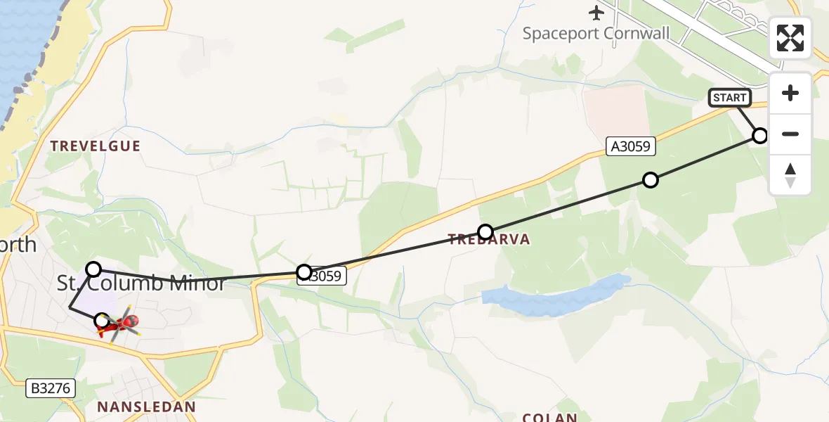 Flight path map showing Air Ambulance Helicopter route from Cornwall Airport Newquay to St. Columb Minor