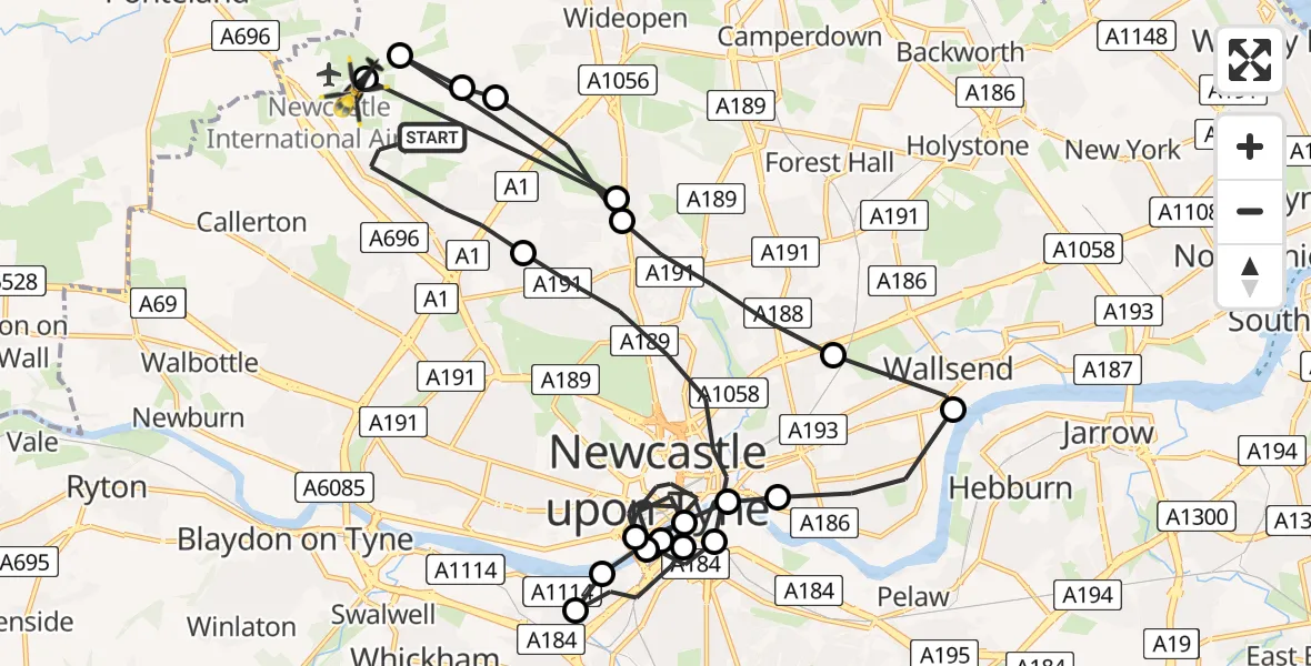 Flight path map showing Police Helicopter route from Newcastle upon Tyne to Newcastle International Airport