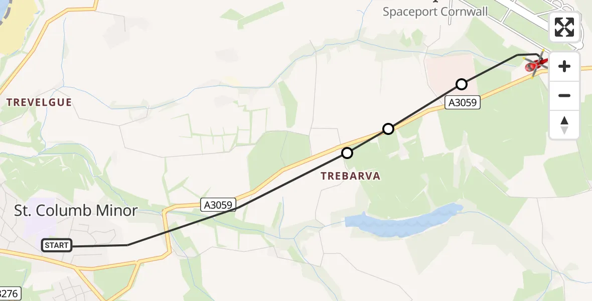 Flight path map showing Air Ambulance Helicopter route from St. Columb Minor to Cornwall Airport Newquay