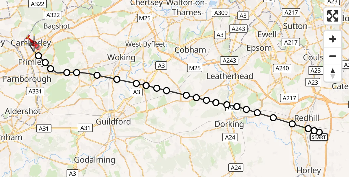 Flight path map showing Air Ambulance Helicopter route from Redhill Aerodrome to Camberley