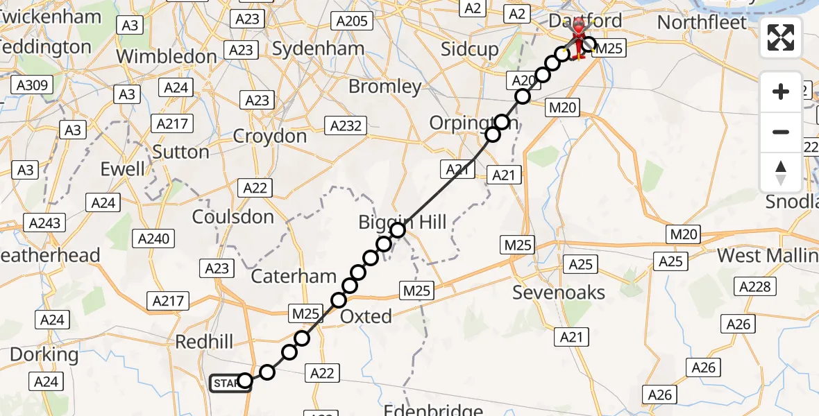 Flight path map showing Air Ambulance Helicopter route from Redhill Aerodrome to Wilmington