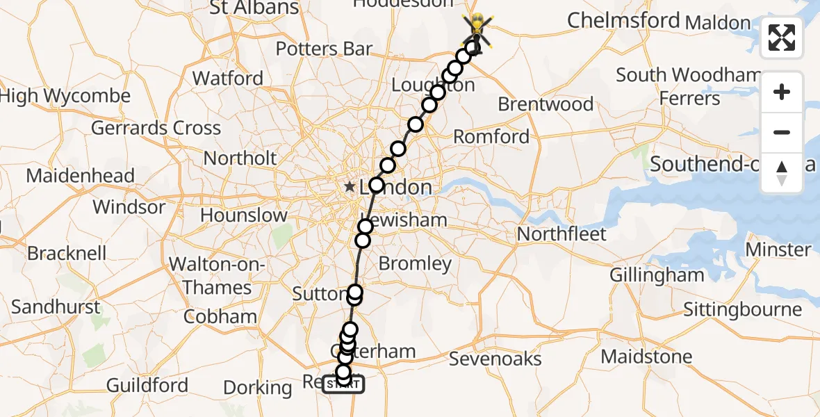 Flight path map showing Police Helicopter route from South Nutfield to North Weald Airfield