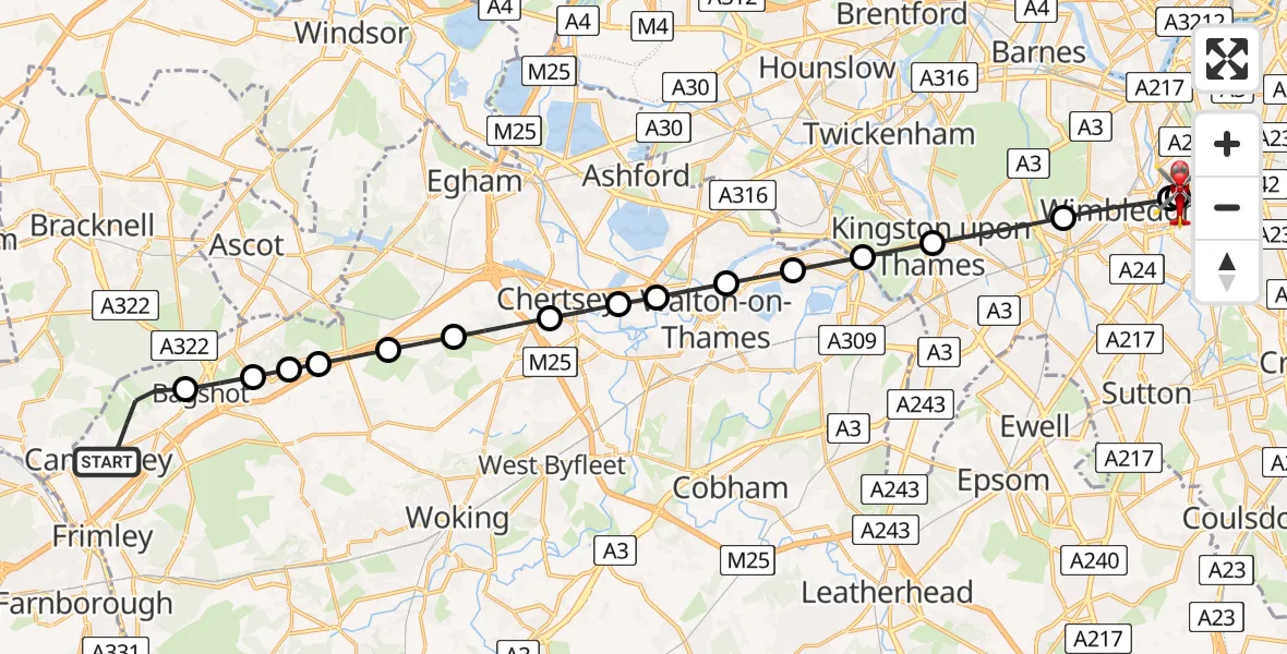 Flight path map showing Air Ambulance Helicopter route from Camberley to St Georges Hospital