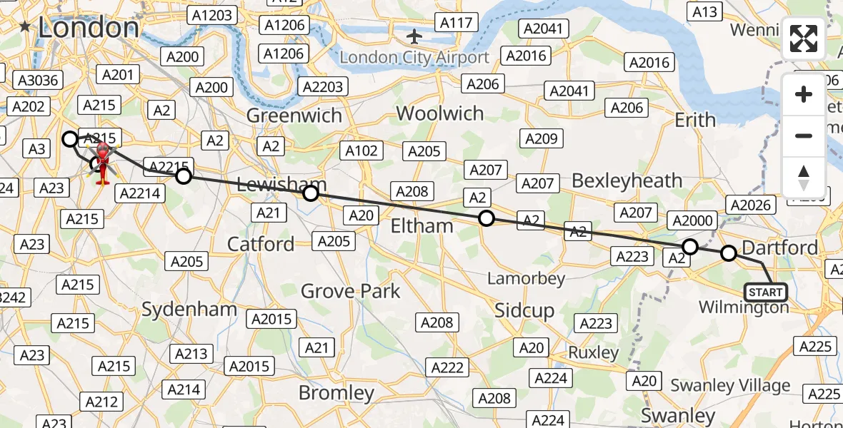 Flight path map showing Air Ambulance Helicopter route from Wilmington to Kings College London Hospital