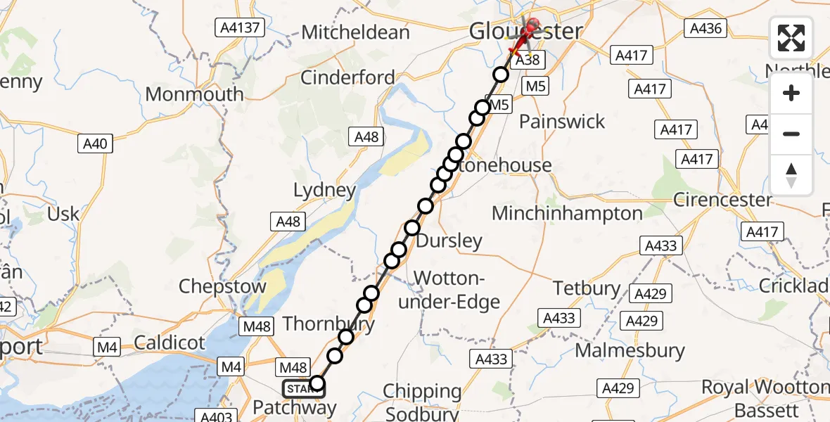 Flight path map showing Air Ambulance Helicopter route from Almondsbury Helicopter Base to Gloucester