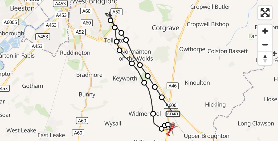 Flight path map showing Air Ambulance Helicopter route from Hickling to Rushcliffe