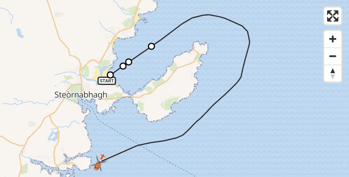 Flight path map showing Coastguard Helicopter route from Stornoway Airport to Inner Seas