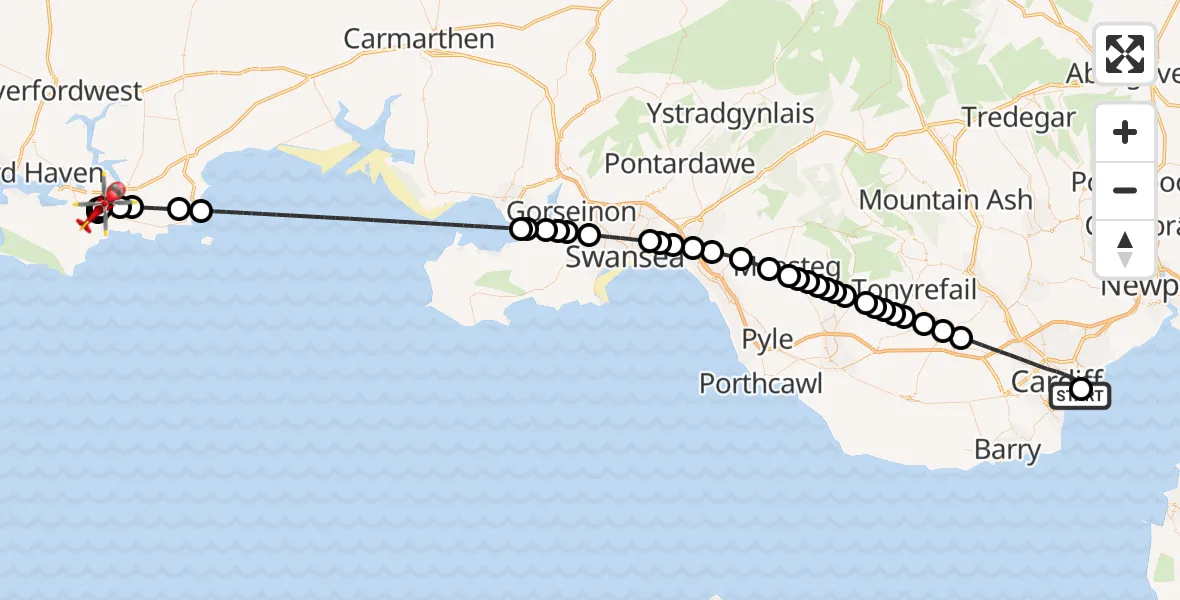 Routekaart van de vlucht: Air Ambulance Helicopter to Pembroke, Upper Lamphey Road
