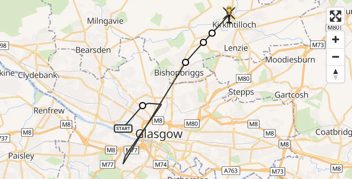Flight path map showing Police Helicopter route from Glasgow City Heliport to Kirkintilloch