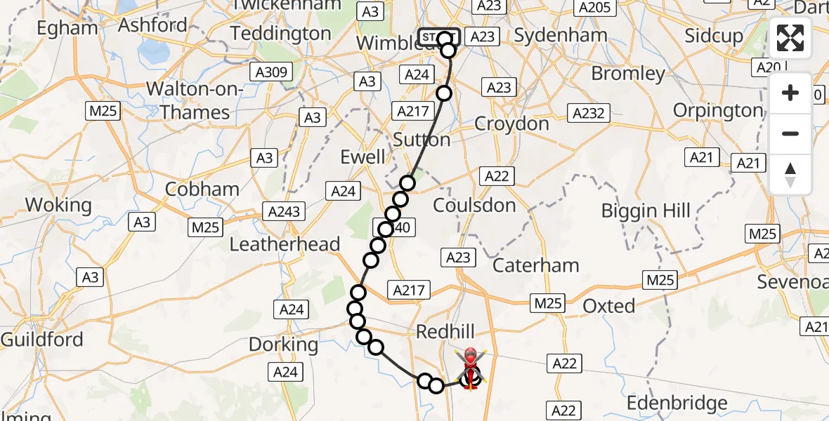 Flight path map showing Air Ambulance Helicopter route from St Georges Hospital to Redhill Aerodrome