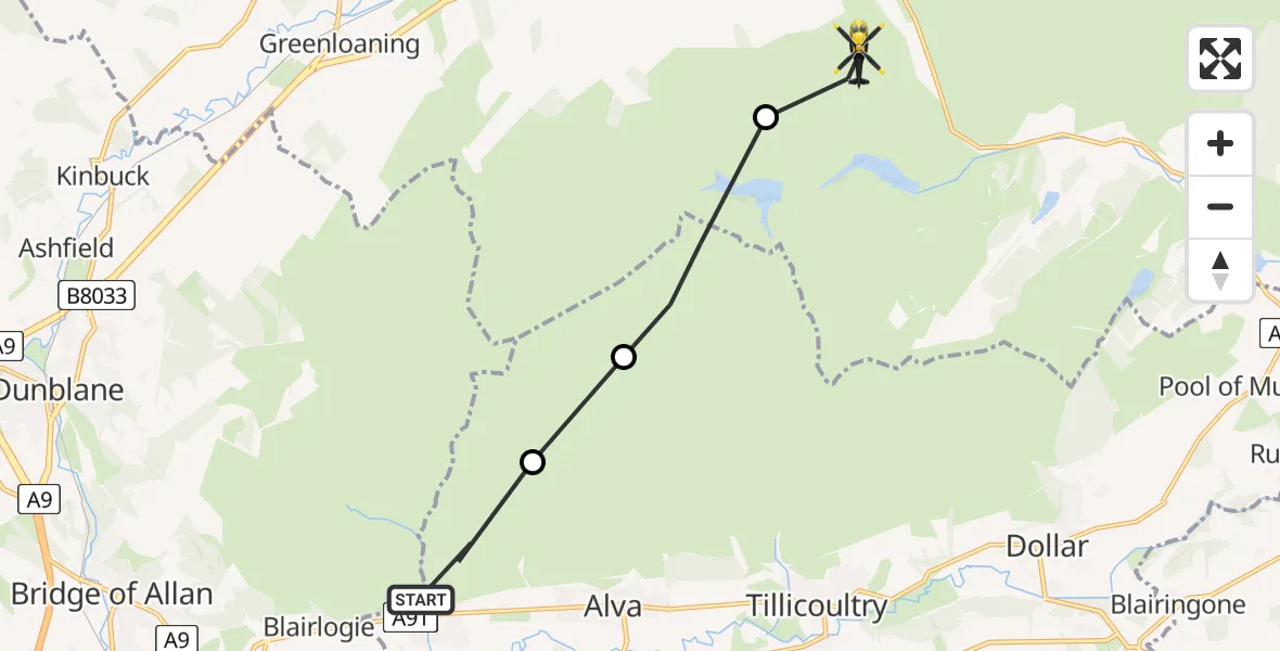 Routekaart van de vlucht: Police Helicopter to Blackford, Ochil Road