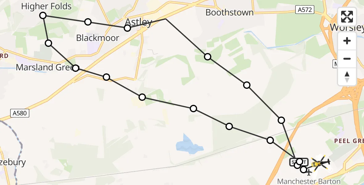 Flight path map showing Police Helicopter route from Manchester Barton Aerodrome to Manchester Barton Aerodrome