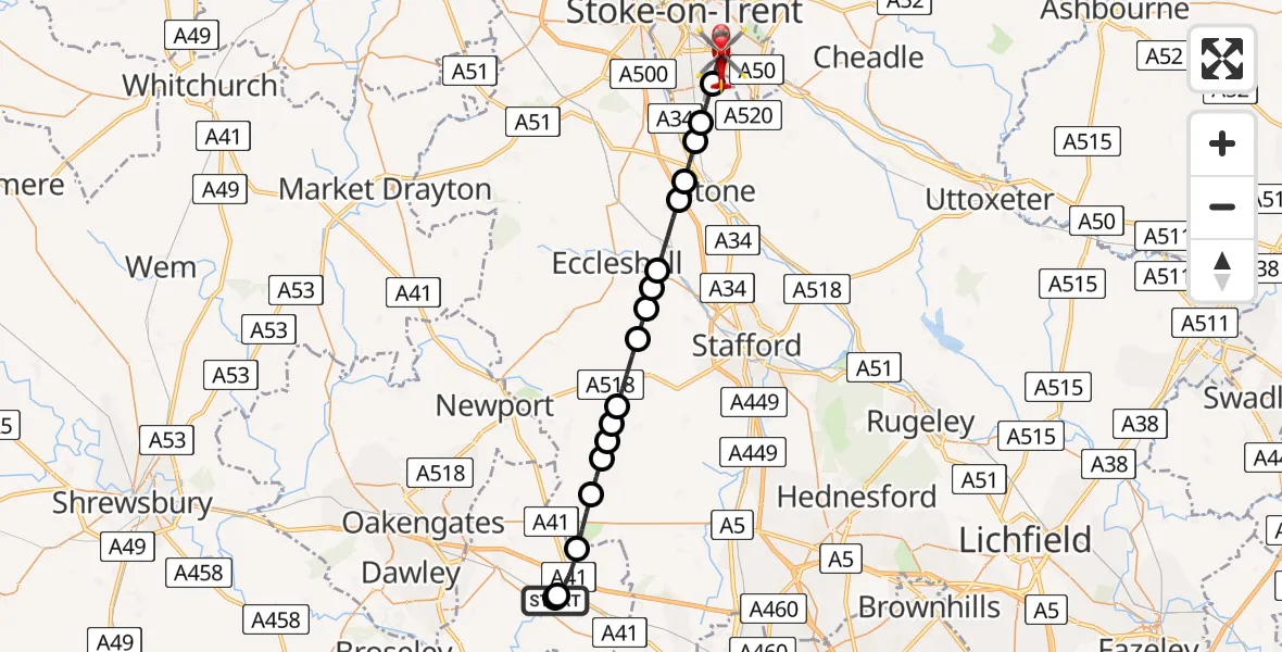 Flight path map showing Air Ambulance Helicopter route from RAF Cosford to Longton