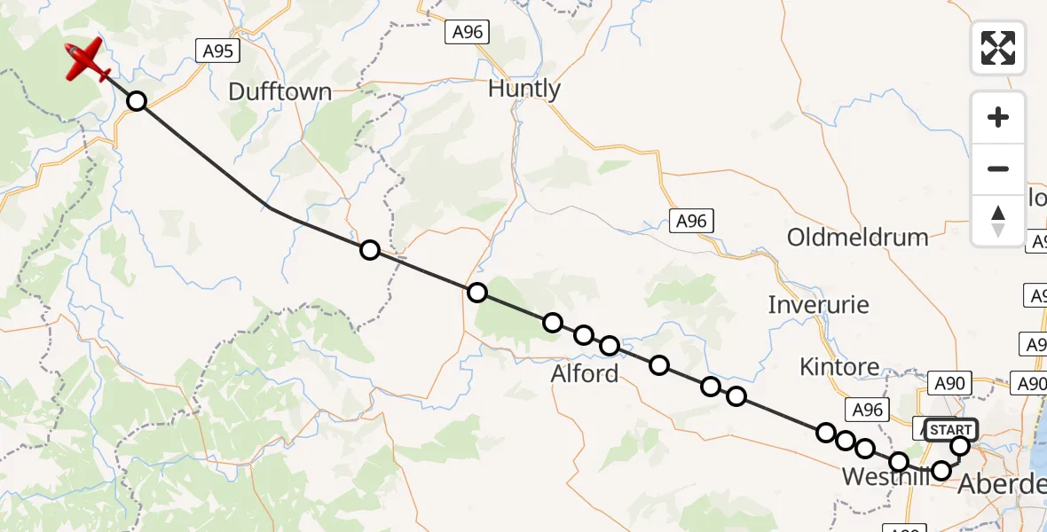 Flight path map showing Air Ambulance Aircraft route from Aberdeen International Airport to Marypark
