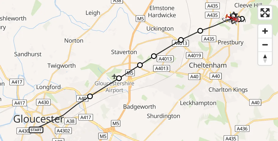 Flight path map showing Air Ambulance Helicopter route from Gloucester to Southam