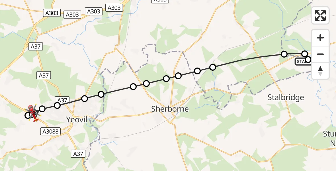 Flight path map showing Air Ambulance Helicopter route from Henstridge Airfield to Brympton