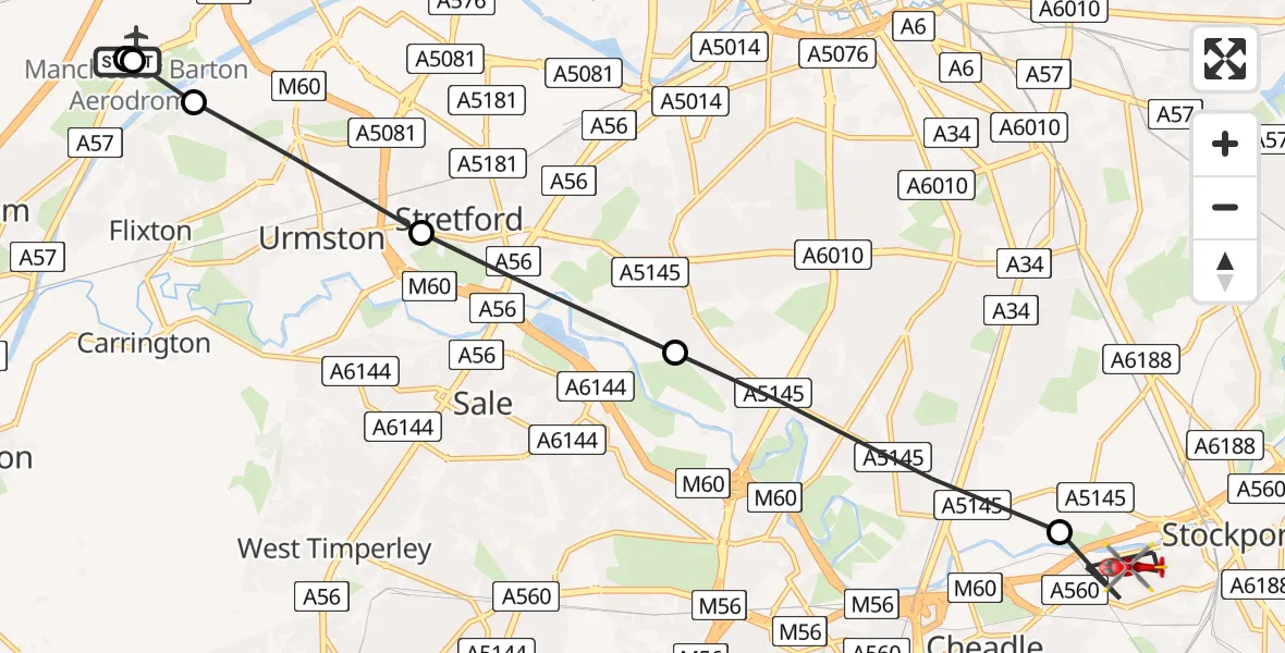 Flight path map showing Air Ambulance Helicopter route from Manchester Barton Aerodrome to Cheadle
