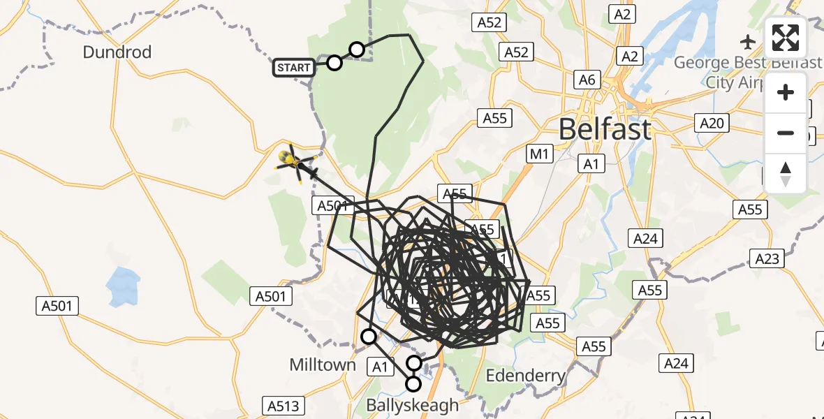 Flight path map showing Police Helicopter route from Belfast to Belfast