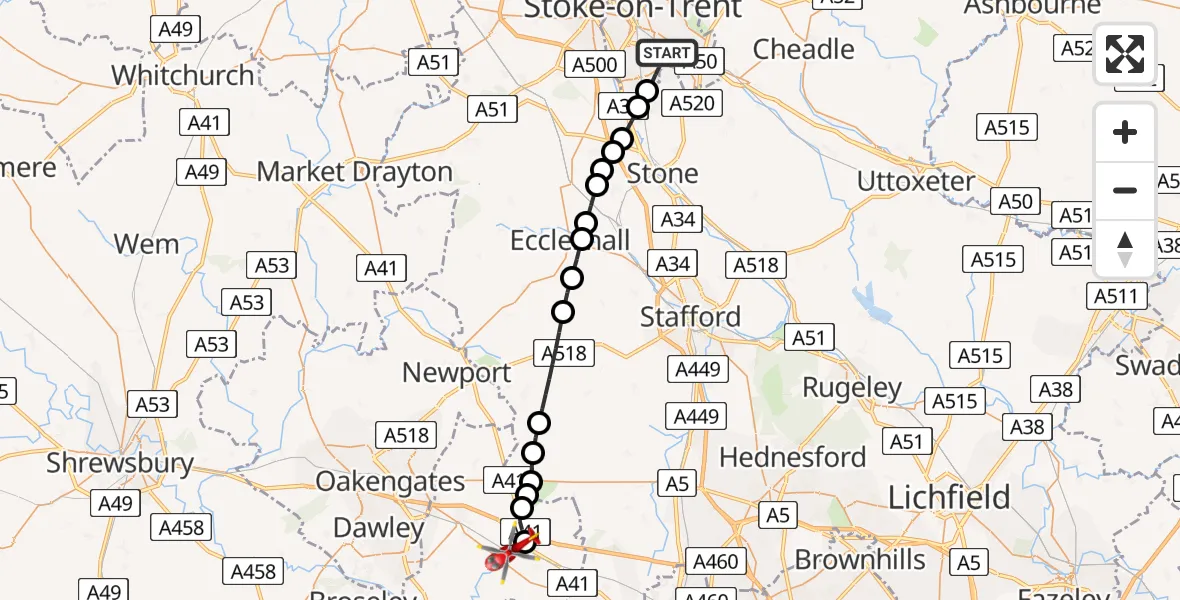 Flight path map showing Air Ambulance Helicopter route from Longton to Cosford