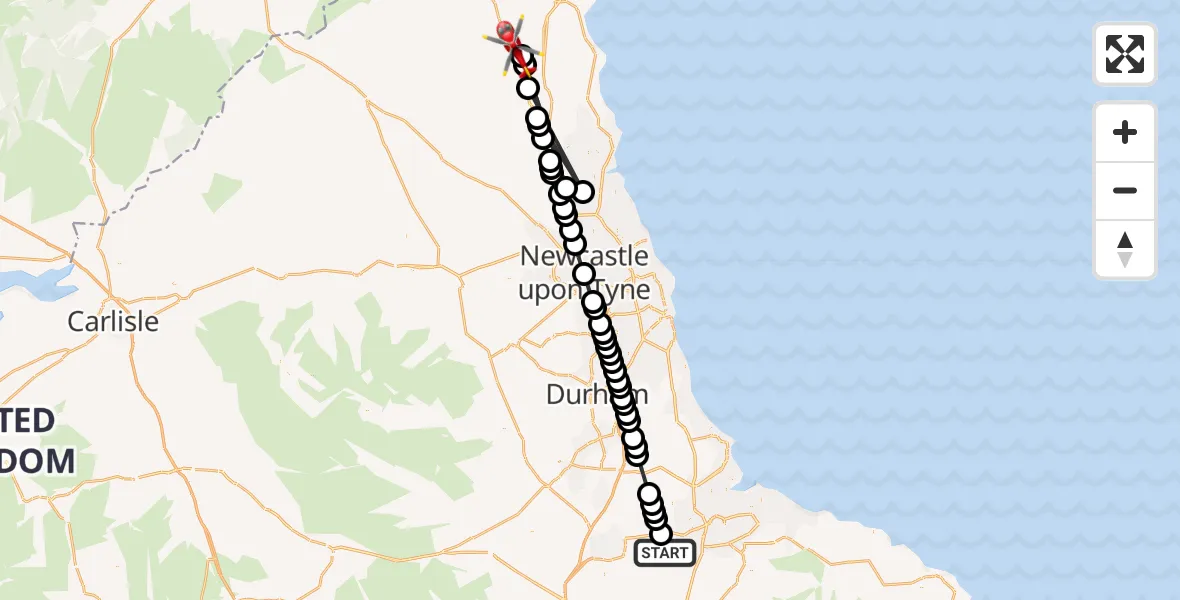 Flight path map showing Air Ambulance Helicopter route from Longnewton to Longframlington