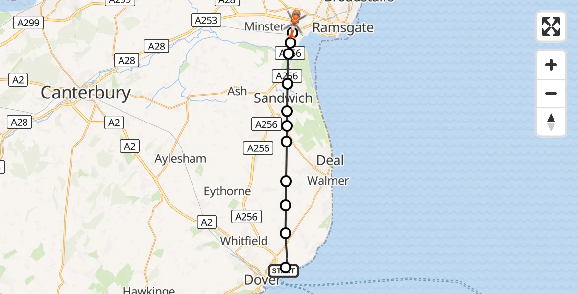 Flight path map showing Coastguard Helicopter route from Langdon Battery Heliport to Cliffsend