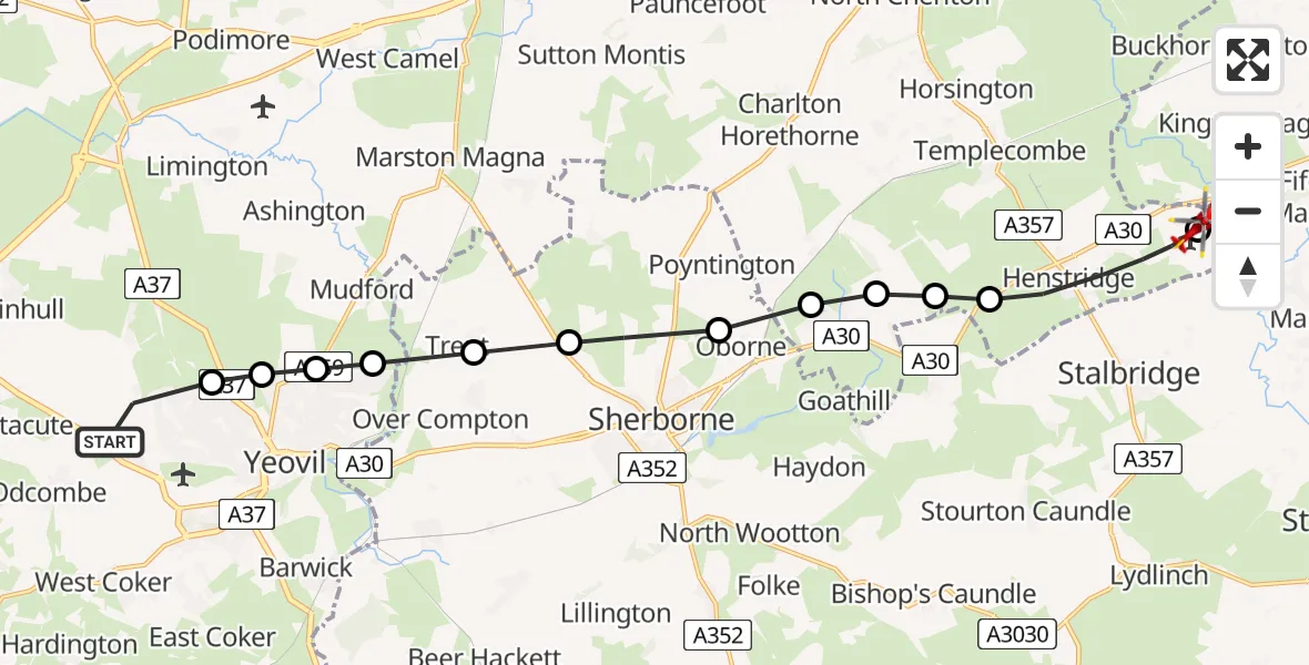 Flight path map showing Air Ambulance Helicopter route from Brympton to Henstridge Airfield
