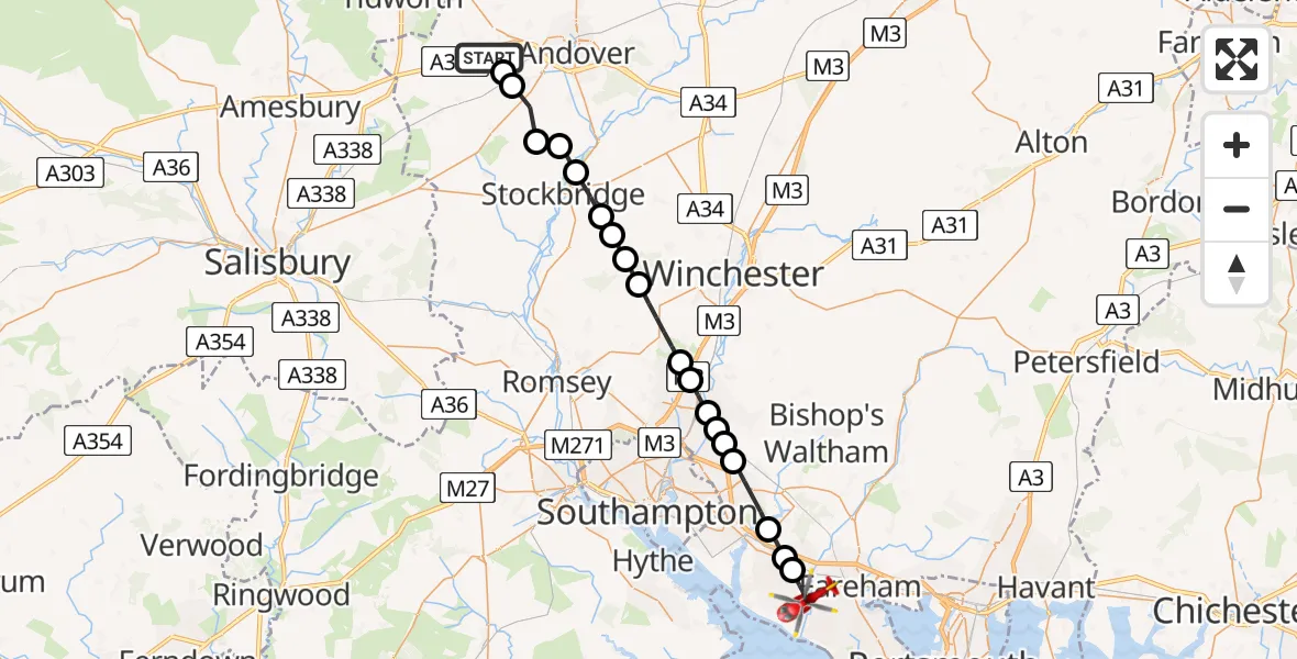 Flight path map showing Air Ambulance Helicopter route from Amport to Titchfield