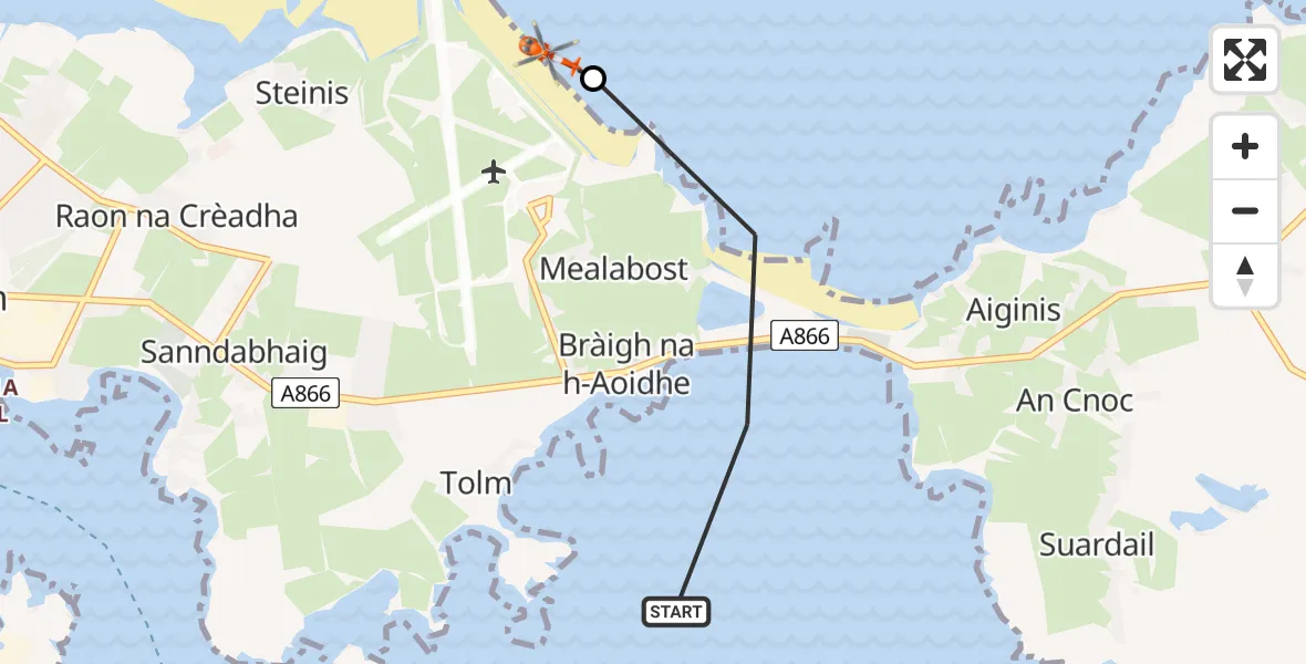 Flight path map showing Coastguard Helicopter route from Inner Seas to Mealabost