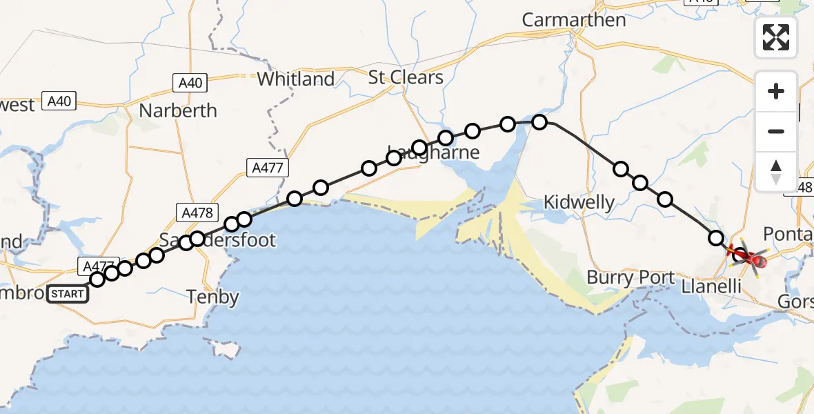 Flight path map showing Air Ambulance Helicopter route from Lamphey to Dafen