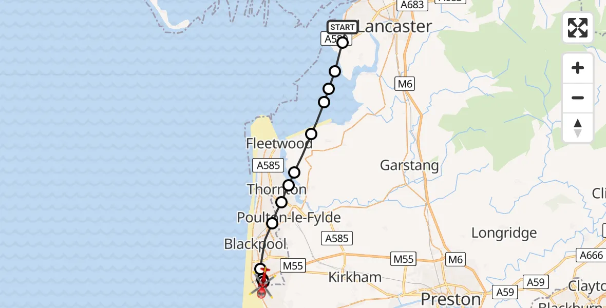 Flight path map showing Air Ambulance Helicopter route from Lancaster to Blackpool Airport