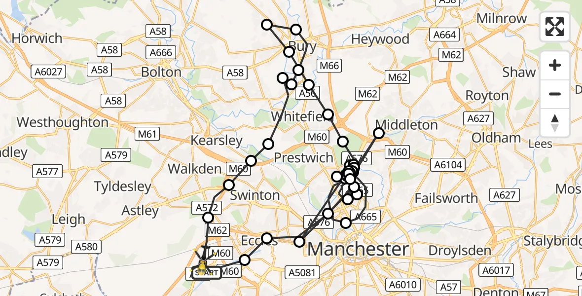 Flight path map showing Police Helicopter route from Manchester Barton Aerodrome to Manchester Barton Aerodrome
