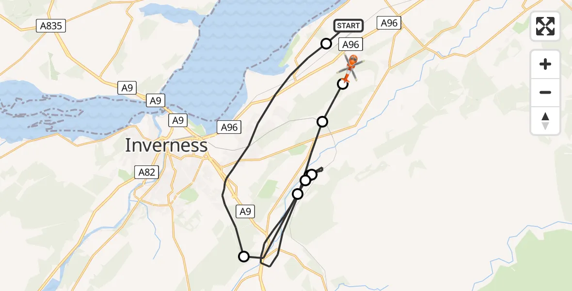 Flight path map showing Coastguard Helicopter route from Inverness Airport to Tornagrain