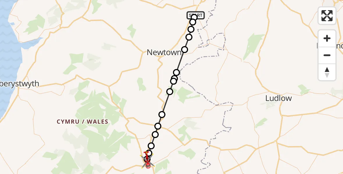 Flight path map showing Air Ambulance Helicopter route from Welshpool Airport to Builth Wells