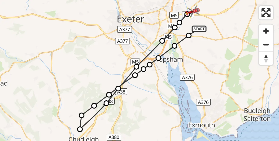 Flight path map showing Air Ambulance Helicopter route from Clyst Honiton to Exeter International Airport