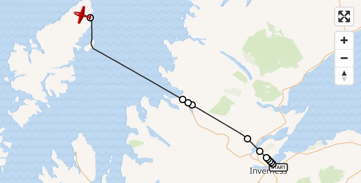 Flight path map showing Air Ambulance Aircraft route from Inverness to Am Baile Ùr