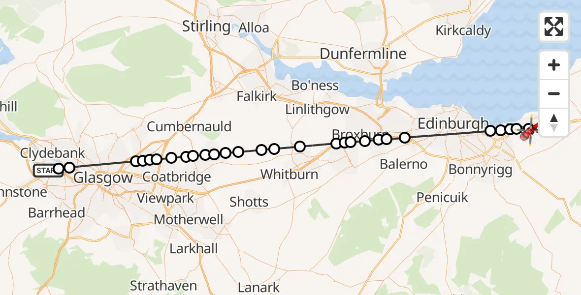 Flight path map showing Air Ambulance Helicopter route from Glasgow Airport to Tranent