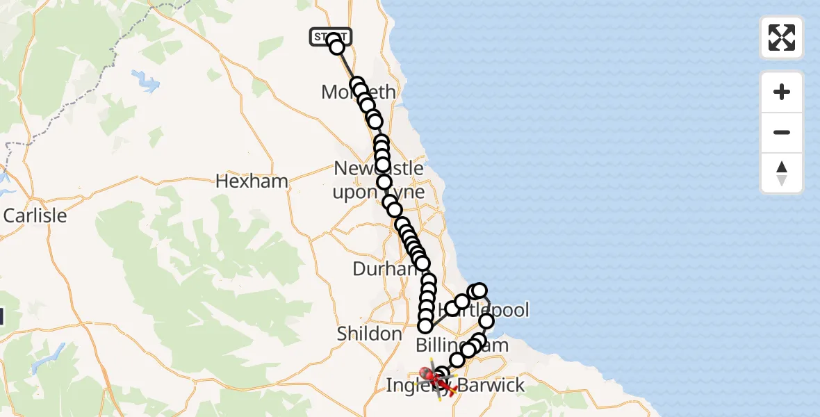 Flight path map showing Air Ambulance Helicopter route from Longframlington to Egglescliffe