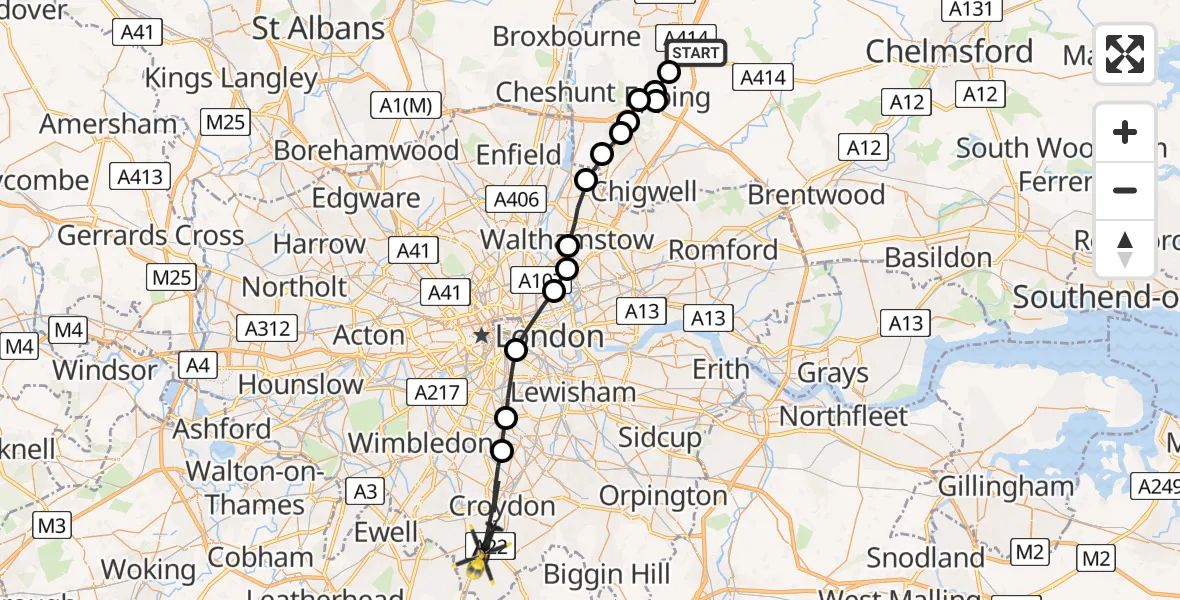 Flight path map showing Police Helicopter route from North Weald Bassett to London Borough of Croydon