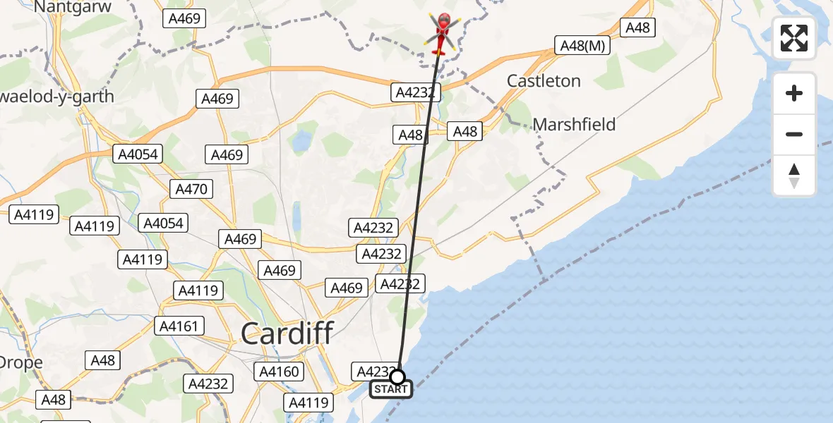 Flight path map showing Air Ambulance Helicopter route from Cardiff Heliport to Rudry